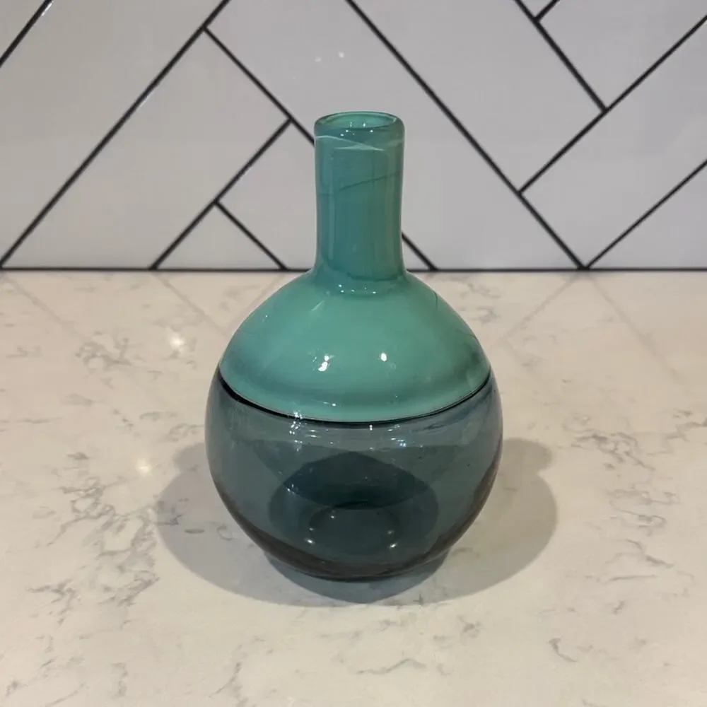 West Elm Vitreluxe Hand Blown Glass Vase in a green/teal mid century modern